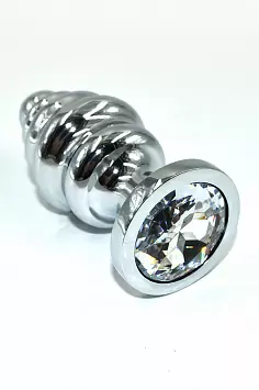 Серебряная ребристая анальная пробка с кристаллом размер Medium